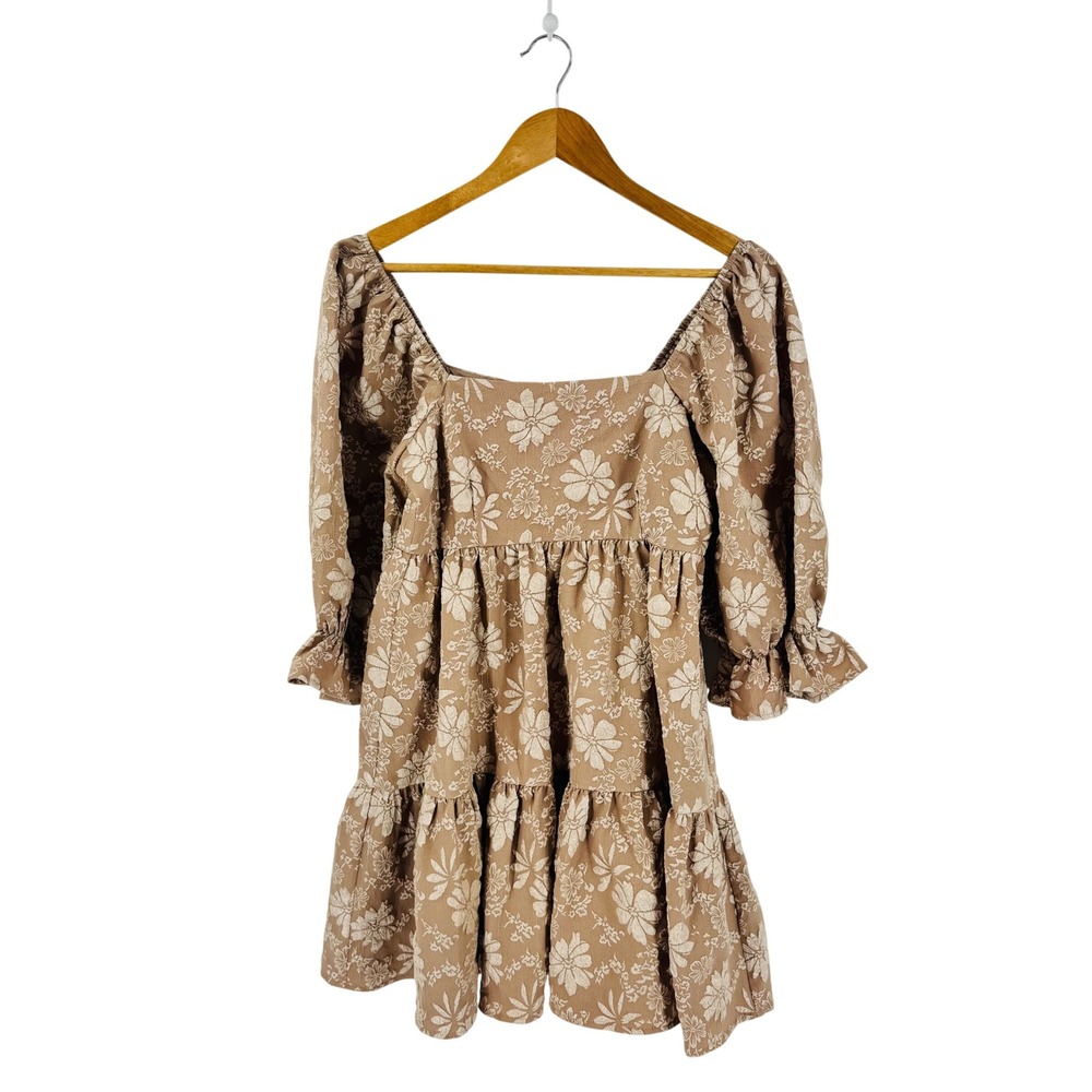 Joyfolie Floral Jacquard Babydoll Mini Dress Tan Cream Small Puff Sleeve Neutral